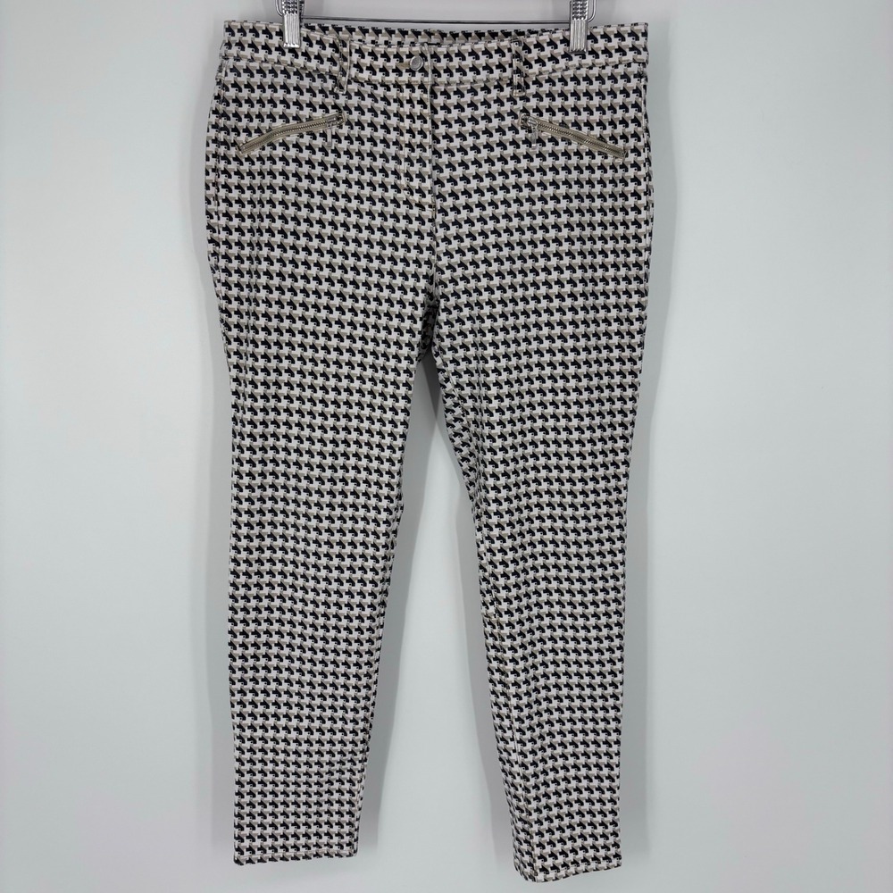J. McLaughlin Geometric Houndstooth Ankle Zip Skinny Pants Womens 12 Tan Black